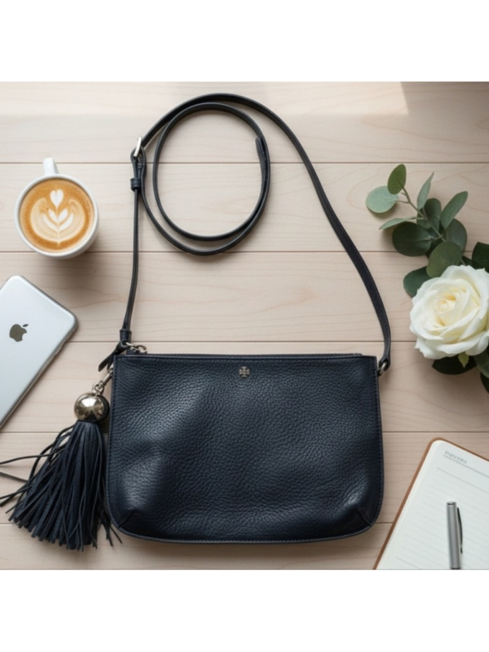 Tory Burch Black & Gold Leather Tassel Crossbody Bag Purse.